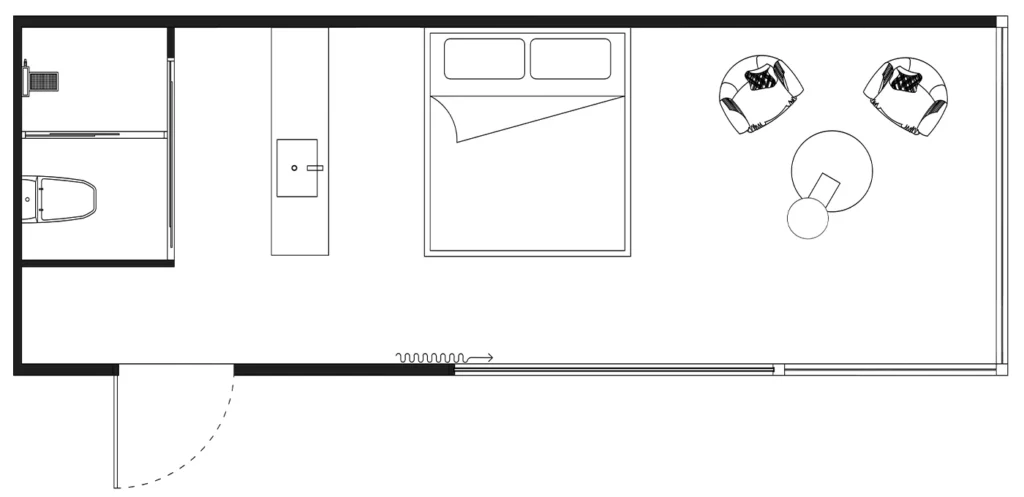 Apple cabin P7 for 2 with bar kitchen chatting space layout